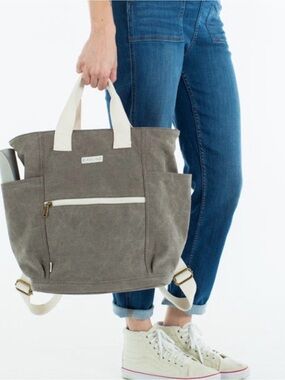Birdling Backpacker Canvas Tote Bag in Taupe with Cream Handles
